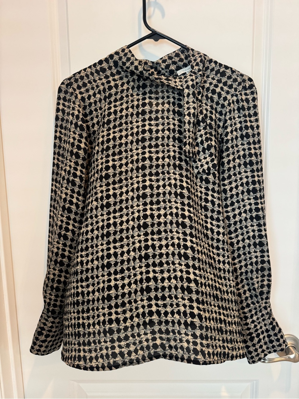 Pleione Black and Cream Geometric Tie-Neck Long Sleeve Top